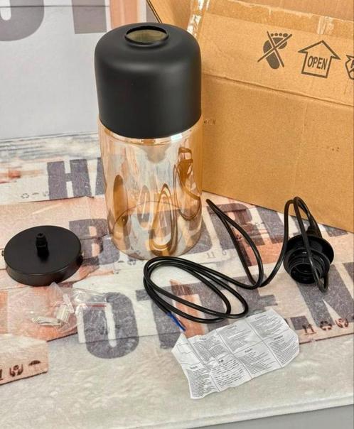 Hanglamp E27 Zwart AMBER geel Hang-lamp Glas 30CM lang Nieuw, Huis en Inrichting, Lampen | Hanglampen, Nieuw, Glas, Metaal, Ophalen of Verzenden