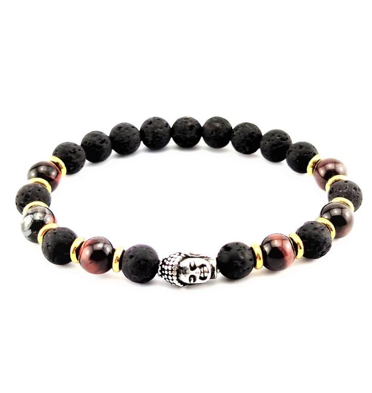 Natuurlijke Lava en Bruine Tijgeroog Armband met Boeddha, Sieraden, Tassen en Uiterlijk, Armbanden, Nieuw, Elastiek, Zwart, Met bedels of kralen