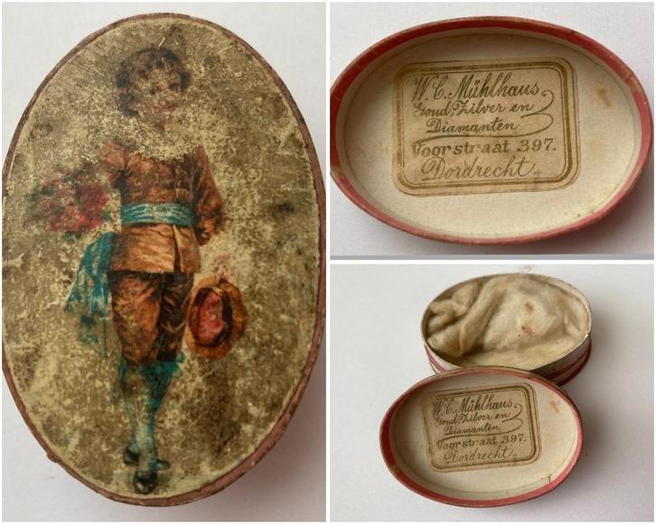 Antiek kartonnen juweliers doosje met litho, Antiek en Kunst, Curiosa en Brocante, Ophalen of Verzenden