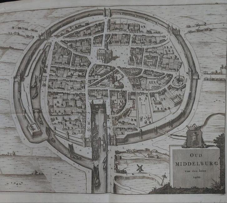 32 / plattegrond van de stad  Middelburg Gravure uit 1696, Antiek en Kunst, Kunst | Etsen en Gravures, Ophalen of Verzenden
