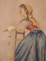 Schilderij Kantklossen - Aquarel, Antiek en Kunst, Ophalen of Verzenden