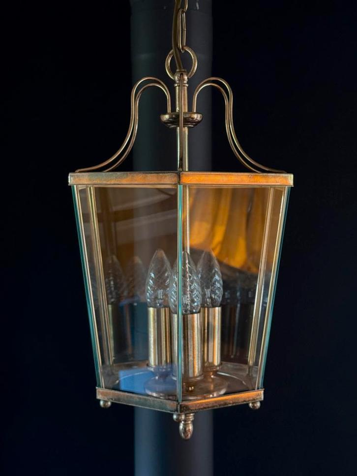 Klassieke Hallamp Messing met Glazen Ruitjes, Vintage, Huis en Inrichting, Lampen | Hanglampen, Gebruikt, 75 cm of meer, Glas