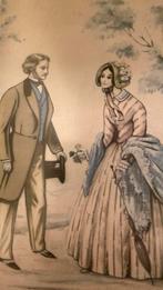 Op de afbeelding staat een  modeplaat van midden 19de eeuw, Antiek en Kunst, Ophalen of Verzenden