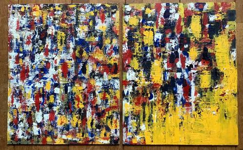 Abstract, compositie, schilderij, Karl J, kleurrijk, vintage, Antiek en Kunst, Kunst | Schilderijen | Abstract, Ophalen of Verzenden