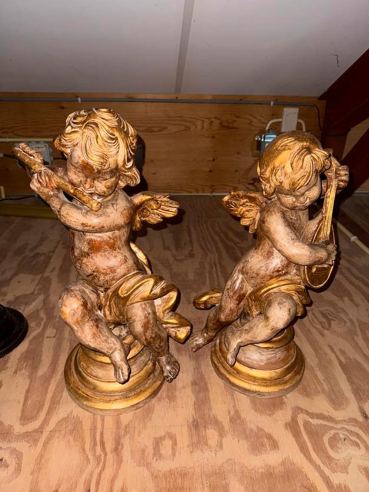 Prachtig paar handgesneden houten cherubs, Antiek en Kunst, Kunst | Beelden en Houtsnijwerken, Ophalen of Verzenden