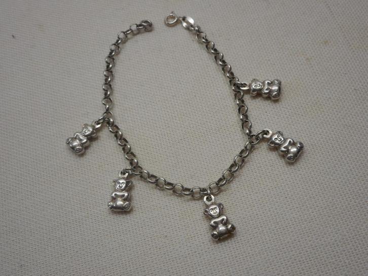 Zilveren jasseron armband met 5 bedels aapjes nr.1373, Sieraden, Tassen en Uiterlijk, Armbanden, Zo goed als nieuw, Zilver, Zilver