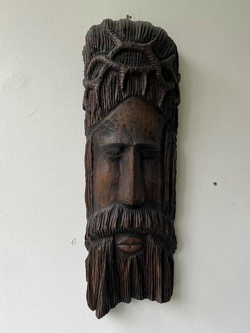 Houten Masker - Handgesneden Jezus met doornenkroon, Antiek en Kunst, Kunst | Beelden en Houtsnijwerken, Ophalen of Verzenden