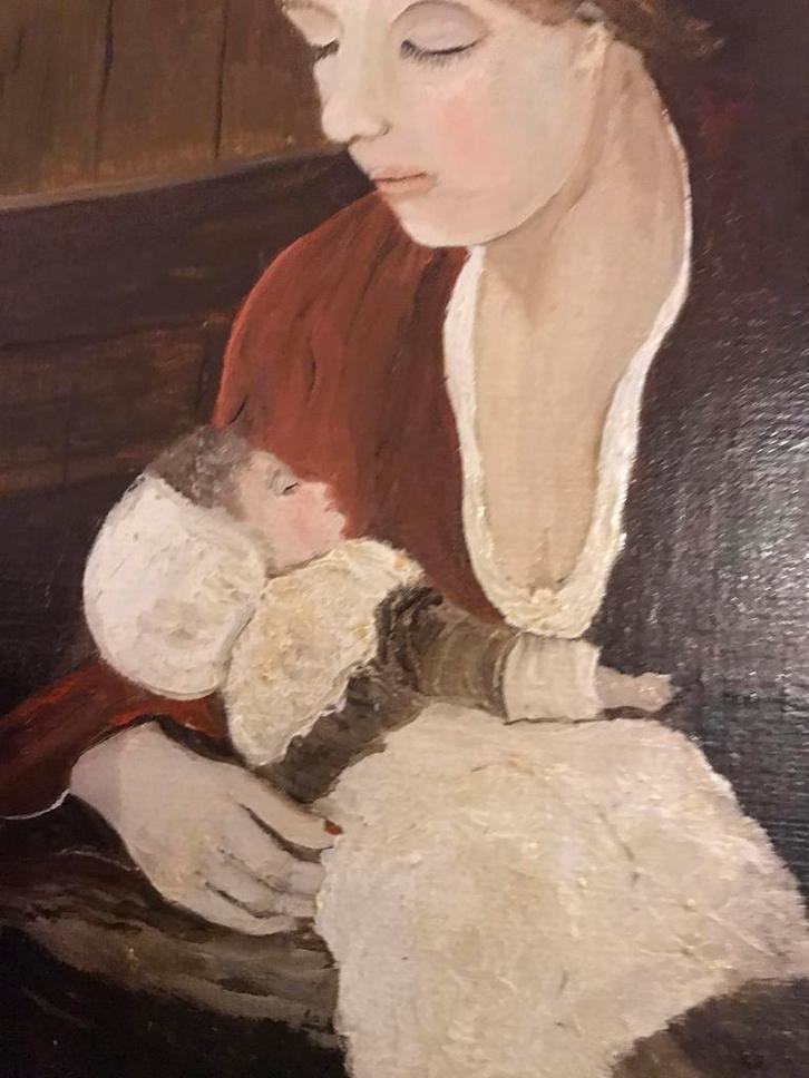 Mooie olieverfschilderij linnen klassiek vrouw met baby arm, Antiek en Kunst, Kunst | Schilderijen | Klassiek, Ophalen of Verzenden