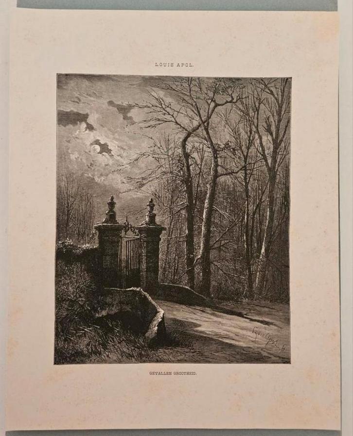 Gravure "gevallen grootheid", Antiek en Kunst, Kunst | Etsen en Gravures, Ophalen of Verzenden