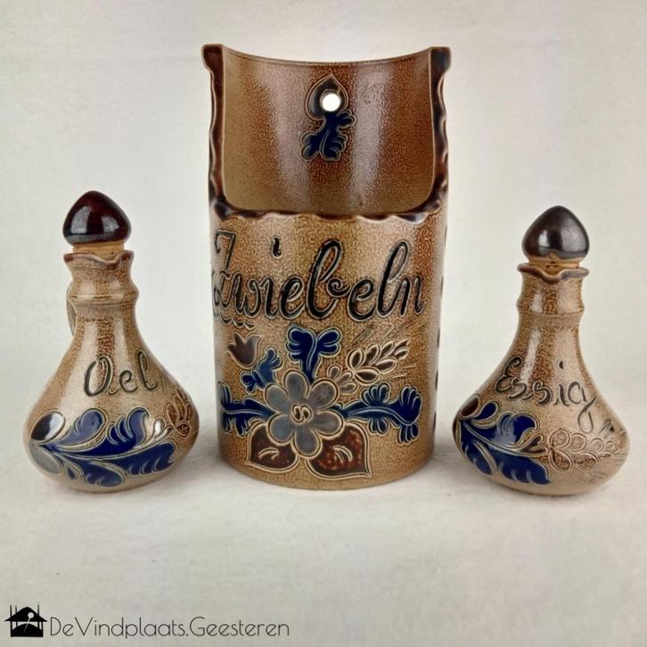 Steengoed keukenset - olie, azijn en uien - Duits Westerwald, Antiek en Kunst, Antiek | Keramiek en Aardewerk, Ophalen of Verzenden