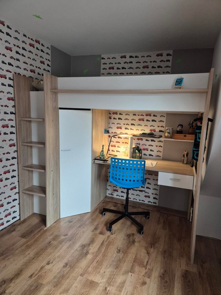 Hoogslaper met bureau en kast, Ophalen, 100 cm, Hoogslaper, Eenpersoons