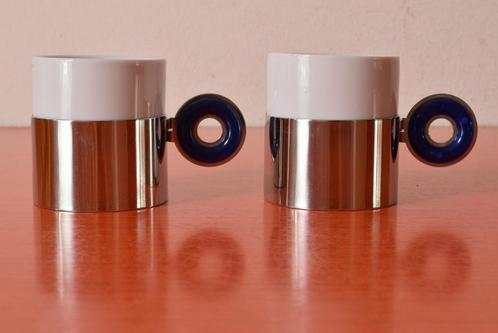 Set van 2 retrostijl WMF Cromargan espressokopjes in houder, Huis en Inrichting, Keuken | Servies, Zo goed als nieuw, Kop(pen) en/of Schotel(s)