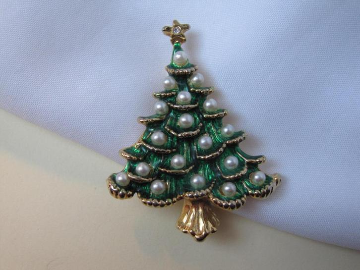 Broche kerstboom  groen emaille en kraal balletjes, Diversen, Kerst, Zo goed als nieuw, Verzenden