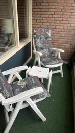 2 tuinstoelen met kussems en voetenbankje, Ophalen, Gebruikt, Kunststof