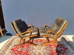 Set van 2 vintage, Scandinavisch design, leren fauteuils, Ophalen, Gebruikt, Vintage, Hout