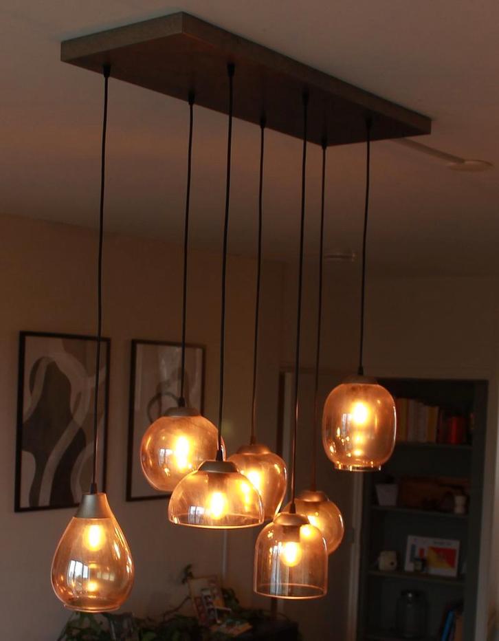 Glazen hanglamp met 7 lichtpunten, Huis en Inrichting, Lampen | Hanglampen, Zo goed als nieuw, 50 tot 75 cm, Ophalen