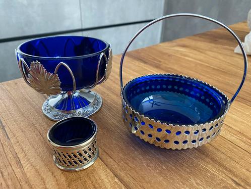 Antieke Kobaltblauwe Glas Set met Zilveren Monturen - 3 stuk, Antiek en Kunst, Antiek | Glas en Kristal, Ophalen