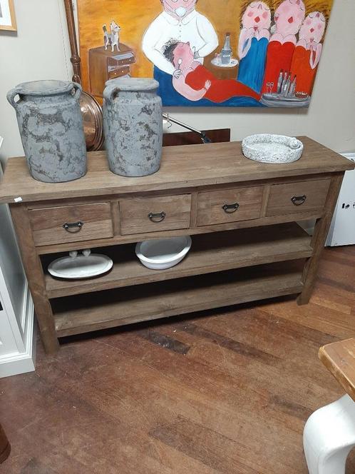 Robuuste sidetable oud teakhout 4 lades 2 plateaus 140 cm, Huis en Inrichting, Tafels | Sidetables, Nieuw, 25 tot 50 cm, 100 tot 150 cm