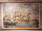 Oude linnen schoolplaat: Binnenkomende vloot vóór Amsterdam, Antiek en Kunst, Kunst | Schilderijen | Klassiek, Ophalen