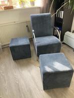 Fauteuil Woood Halifax + 2 hockers - staalblauw, Huis en Inrichting, Fauteuils, Gebruikt, Metaal, 75 tot 100 cm, 50 tot 75 cm