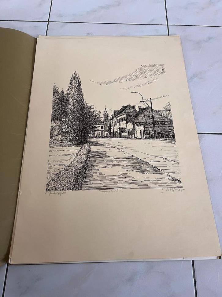 Grote zeefdrukken rond Evergem 4 stuks in verzamelmap *G. Wo, Antiek en Kunst, Kunst | Etsen en Gravures, Ophalen of Verzenden