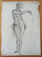 A493-68 Oude tekening Naakte vrouw met uitgestrekte arm, Antiek en Kunst, Kunst | Tekeningen en Foto's, Ophalen of Verzenden