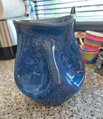 Handgemaakte geglazuurde aardewerk blauwe vaas met 4 deuken, Blauw, Aardewerk of Porselein, Ophalen of Verzenden, Zo goed als nieuw