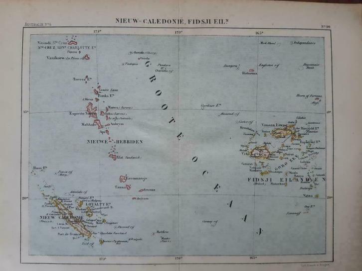 99 / Litho uit 1882 van J. Kuyper van Nieuw Caledonië Fiji, Antiek en Kunst, Kunst | Litho's en Zeefdrukken, Ophalen of Verzenden