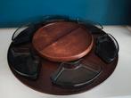Vintage teak houten draaiplateau Lazy Suzan met glazen schaa, Ophalen of Verzenden