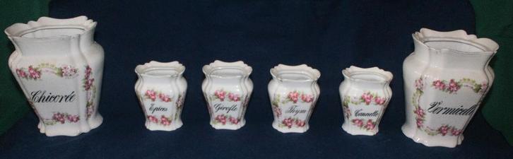 Porseleinen potten voor kruiden 6x, Frans, Antiek en Kunst, Curiosa en Brocante, Ophalen of Verzenden