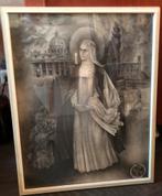 Schilderij zwart/wit H.Catharina van Siena brocante, Antiek en Kunst, Antiek | Religie, Ophalen