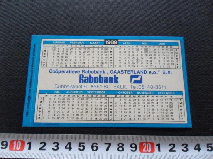 sticker Kalender 1989 Balk Rabobank Gaasterland e.o., Verzamelen, Stickers, Zo goed als nieuw, Bedrijf of Vereniging, Ophalen
