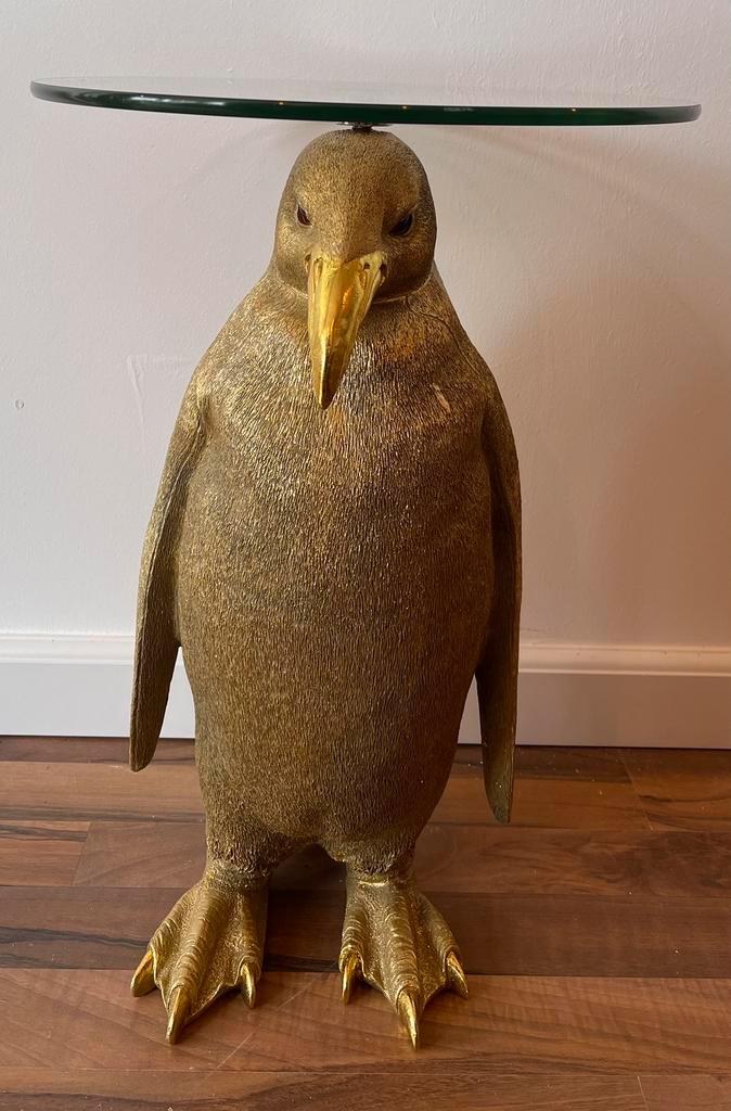 Staande gouden pinguïn tafel met glasplaat +/- 50cm hoog, Antiek en Kunst, Kunst | Beelden en Houtsnijwerken, Ophalen of Verzenden
