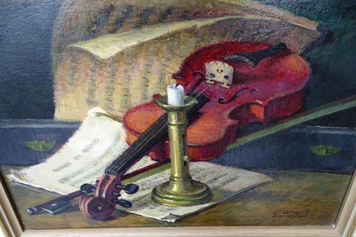 Viool met muziekpapier en kandelaar, Antiek en Kunst, Kunst | Schilderijen | Klassiek, Ophalen