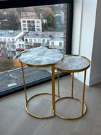 Antiek Goud Bijzettafel Set van 2 - Glas, Huis en Inrichting, 45 tot 60 cm, Minder dan 55 cm, Rond, Ophalen of Verzenden