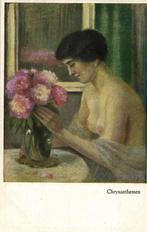 Naakte Vrouw met Chrysanten, Moderne Kunst Ansichtkaart, Verzamelen, Ophalen of Verzenden, Voor 1920, Ongelopen, Overige thema's