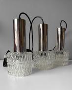 Set van drie vintage hanglampen | Chroom en glas, Gebruikt, Vintage, Ophalen of Verzenden, Glas