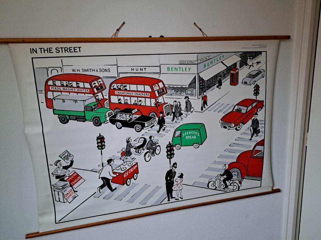 Dubbelzijdige schoolplaat Engels straatbeeld of dierentuin, Antiek en Kunst, Ophalen of Verzenden