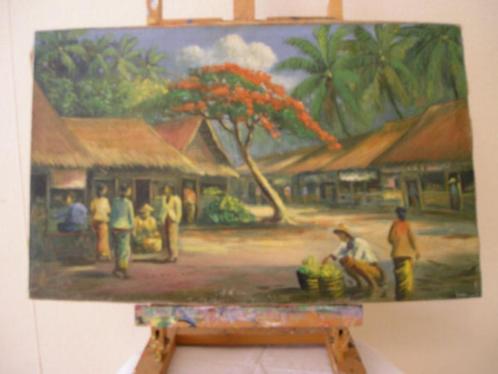 Indonesië Tafereel Dessa (Dorp) met Bomen, Huis en Inrichting, Woonaccessoires | Schilderijen, Tekeningen en Foto's, Schilderij