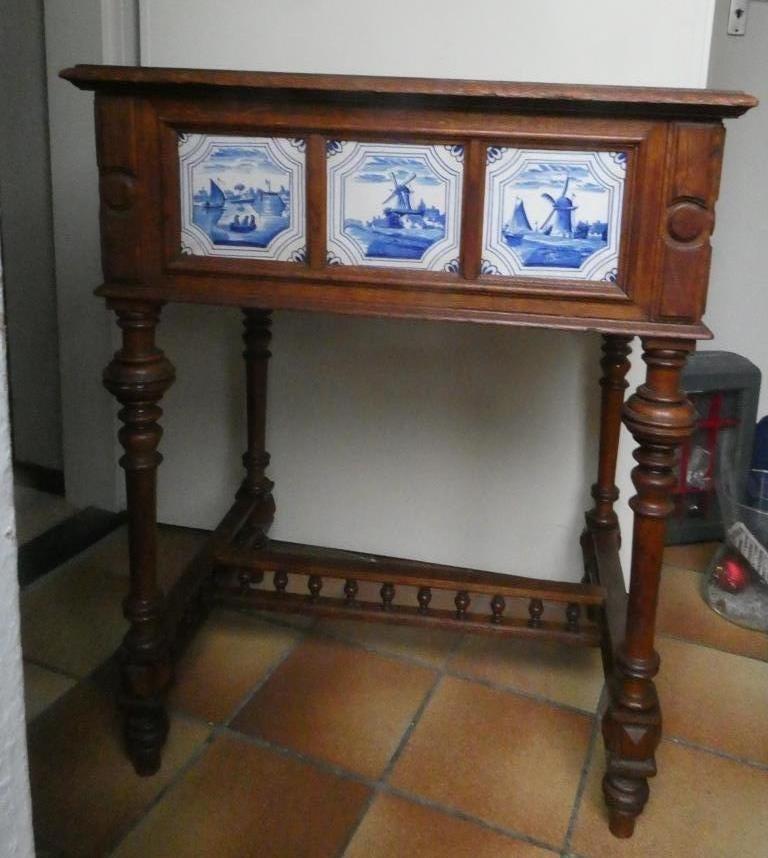 Eikenhouten Plantentafel met Oud-Hollandse Tegeltjes, Huis en Inrichting, Ophalen, Gebruikt