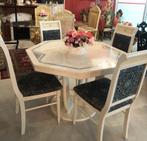Eettafel met 4 stoelen Italiaanse klassiek hout crème, blauw, Overige materialen, 100 tot 150 cm, 100 tot 150 cm, Rond