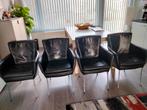 Set van 4 zwarte lederen eetkamerstoelen, Huis en Inrichting, Stoelen, Gebruikt, Zwart, Ophalen of Verzenden, Metaal