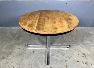 Vintage industrieel ronde tafel massief eiken chroom