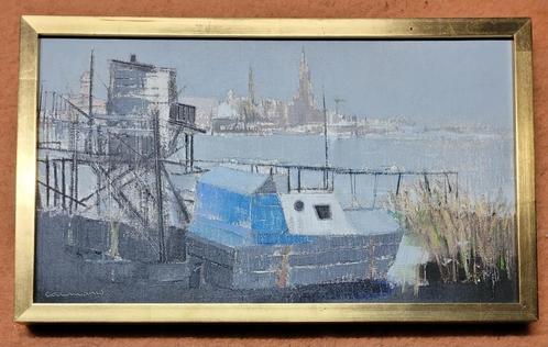 Raymond COUMANS, zicht op de haven van Antwerpen, Antiek en Kunst, Kunst | Schilderijen | Klassiek, Ophalen of Verzenden