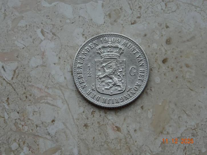 1/2 gulden 1909, Postzegels en Munten, Munten | Nederland, Losse munt, ½ gulden, Koningin Wilhelmina, Zilver, Verzenden