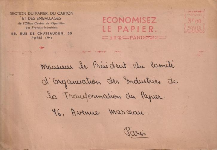 Frankrijk 1942 M113 PAPIER Machinestempel, Postzegels en Munten, Brieven en Enveloppen | Buitenland, Envelop, Ophalen of Verzenden
