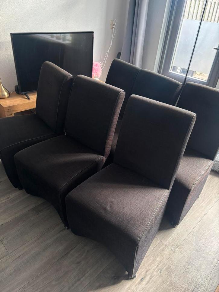 6 eetkamerstoelen met wieltjes, Huis en Inrichting, Stoelen, Gebruikt, Vijf, Zes of meer stoelen, Zwart, Ophalen