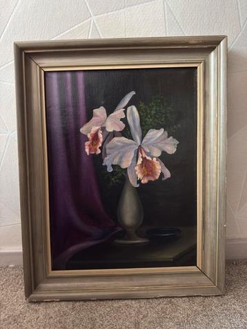 Vintage olieverf stilleven – Orchidee in vaas – met lijst beschikbaar voor biedingen