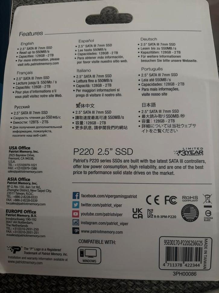 2x Patriot P220 256GB SSD - Nieuw, Computers en Software, Windows Tablets, Nieuw, 256 GB, Ophalen of Verzenden