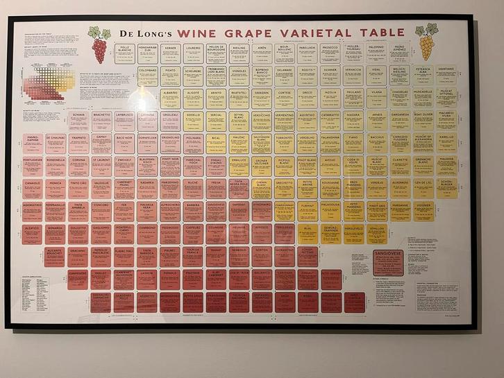 De Long's Varietal Table (wijn druivensoorten)- Ingelijst!, Verzamelen, Posters, Zo goed als nieuw, Overige onderwerpen, Deurposter of groter